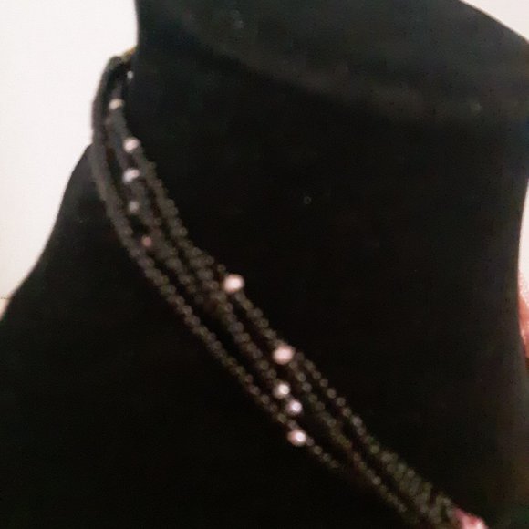 Seed Bead Pink Black Multiple Strand Necklace - Picture 5 of 9
